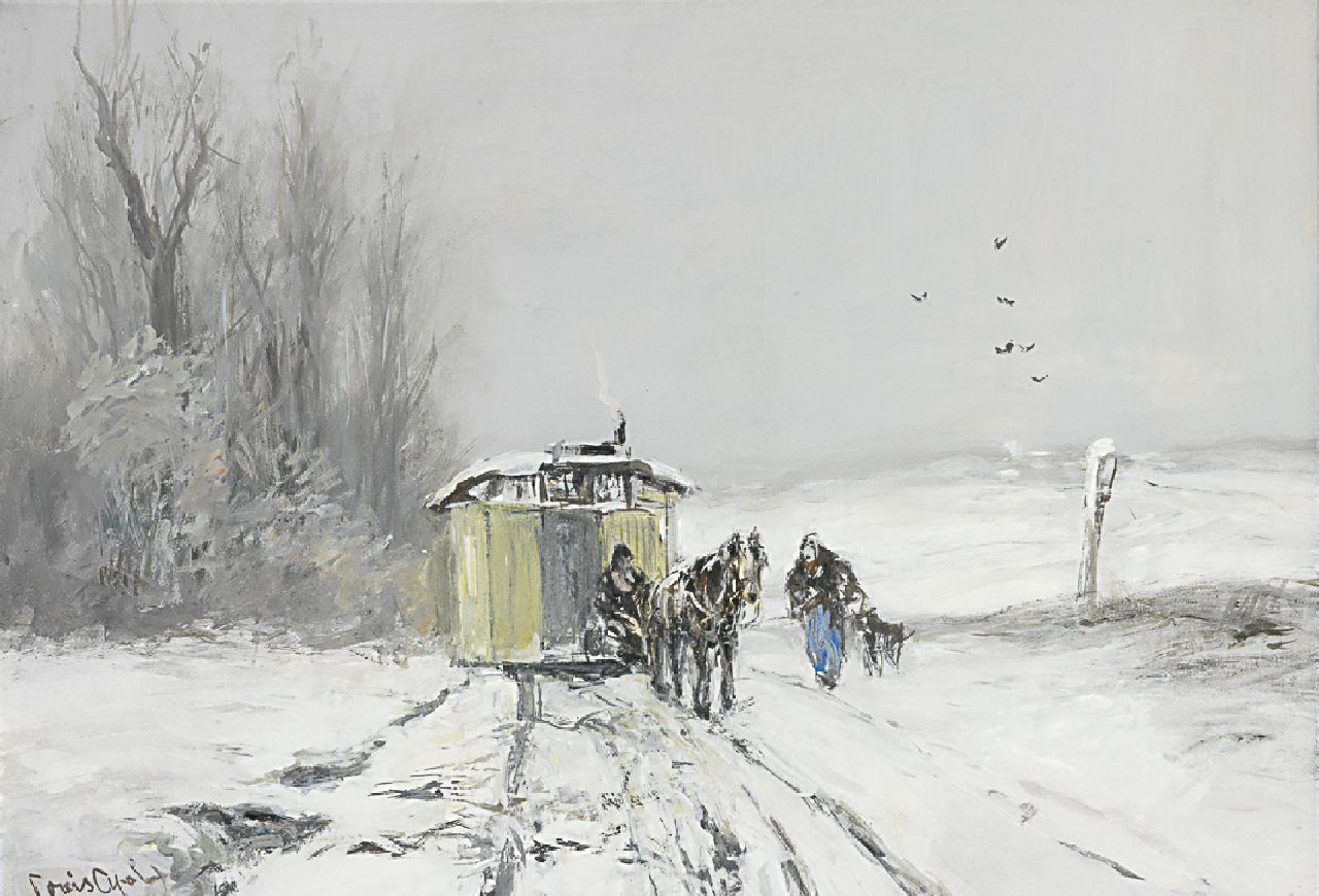 Apol L.F.H.  | Lodewijk Franciscus Hendrik 'Louis' Apol, A caravan in a winter landscape, gouache on paper 43.8 x 62.5 cm, signed l.l.