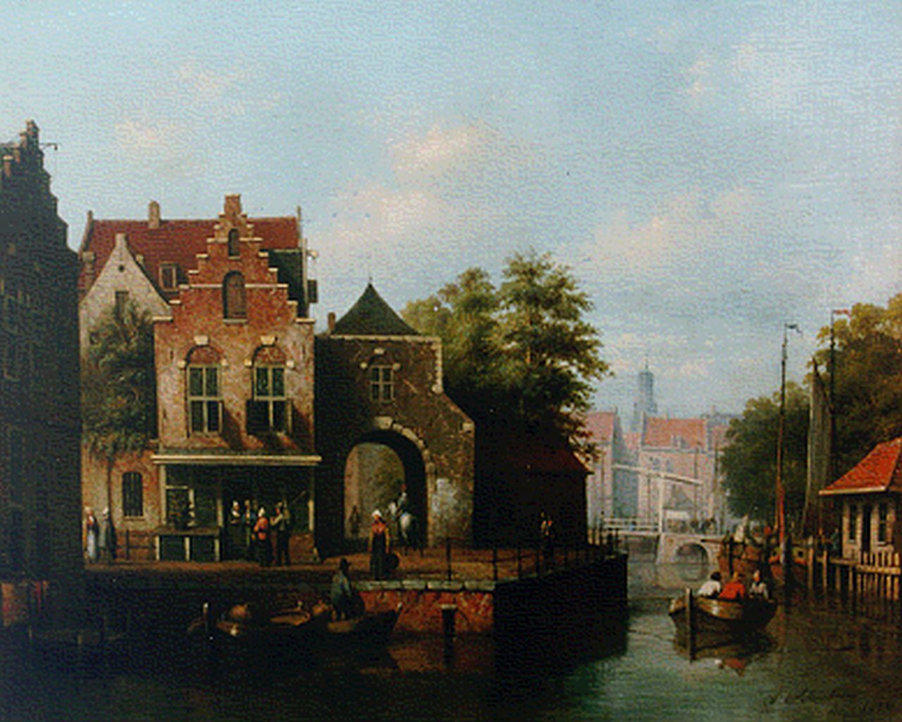 Scheerboom A.  | Andries Scheerboom, Daily activities in a Dutch town, oil on canvas 53.5 x 66.6 cm, signed l.r. and dated 1856
