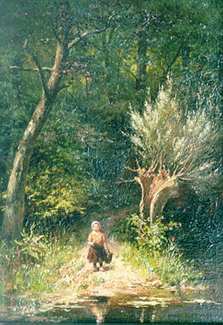 Gerstenhauer Zimmerman J.G.  | Johan Georg Gerstenhauer Zimmerman, A little girl by a forest pond, oil on panel 32.9 x 23.3 cm, signed l.r.