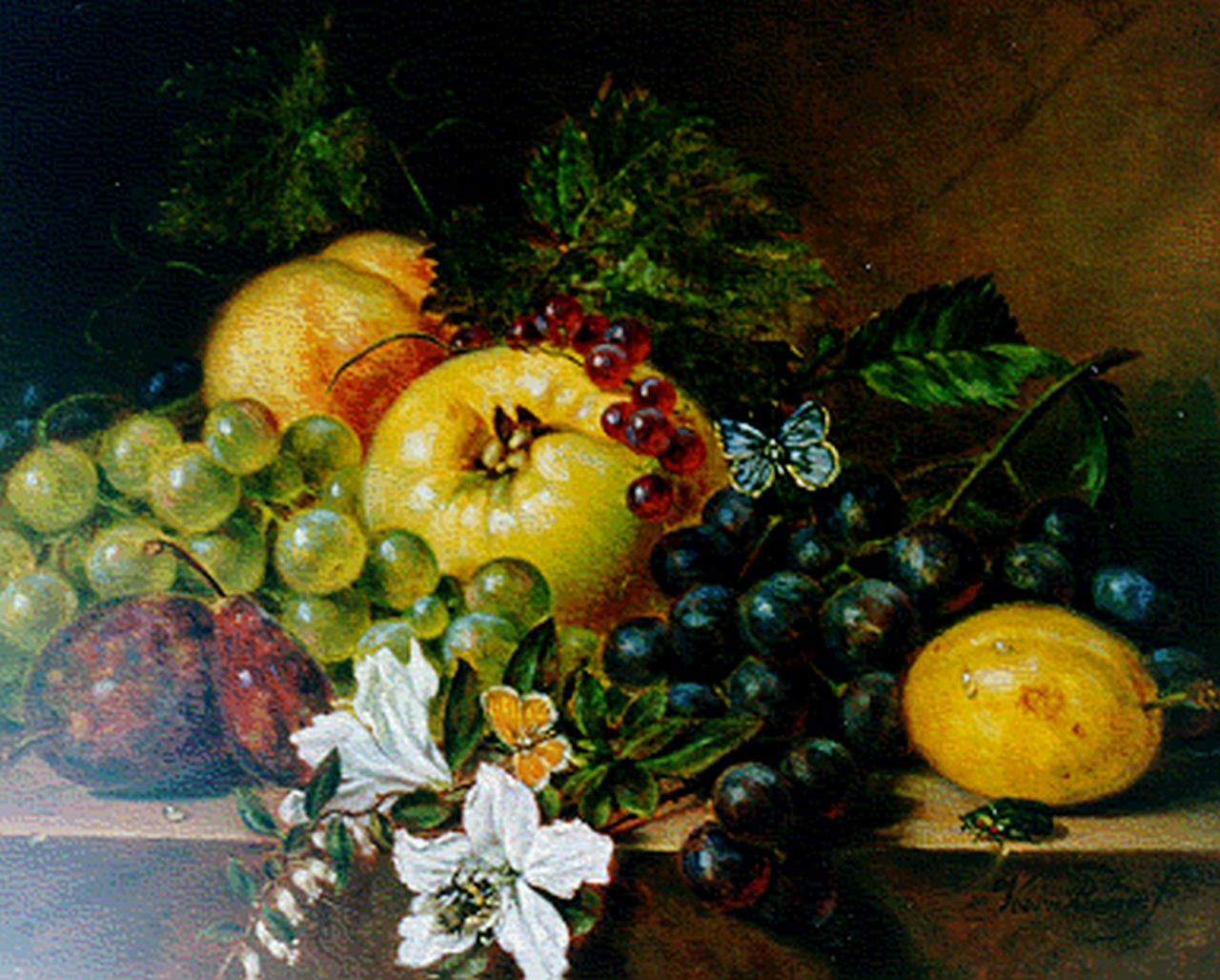 Voorn Boers S.T.  | Sebastiaan Theodorus Voorn Boers, A still life with grapes, prunes, flowers and a butterfly, oil on panel 23.6 x 30.0 cm, signed l.r.