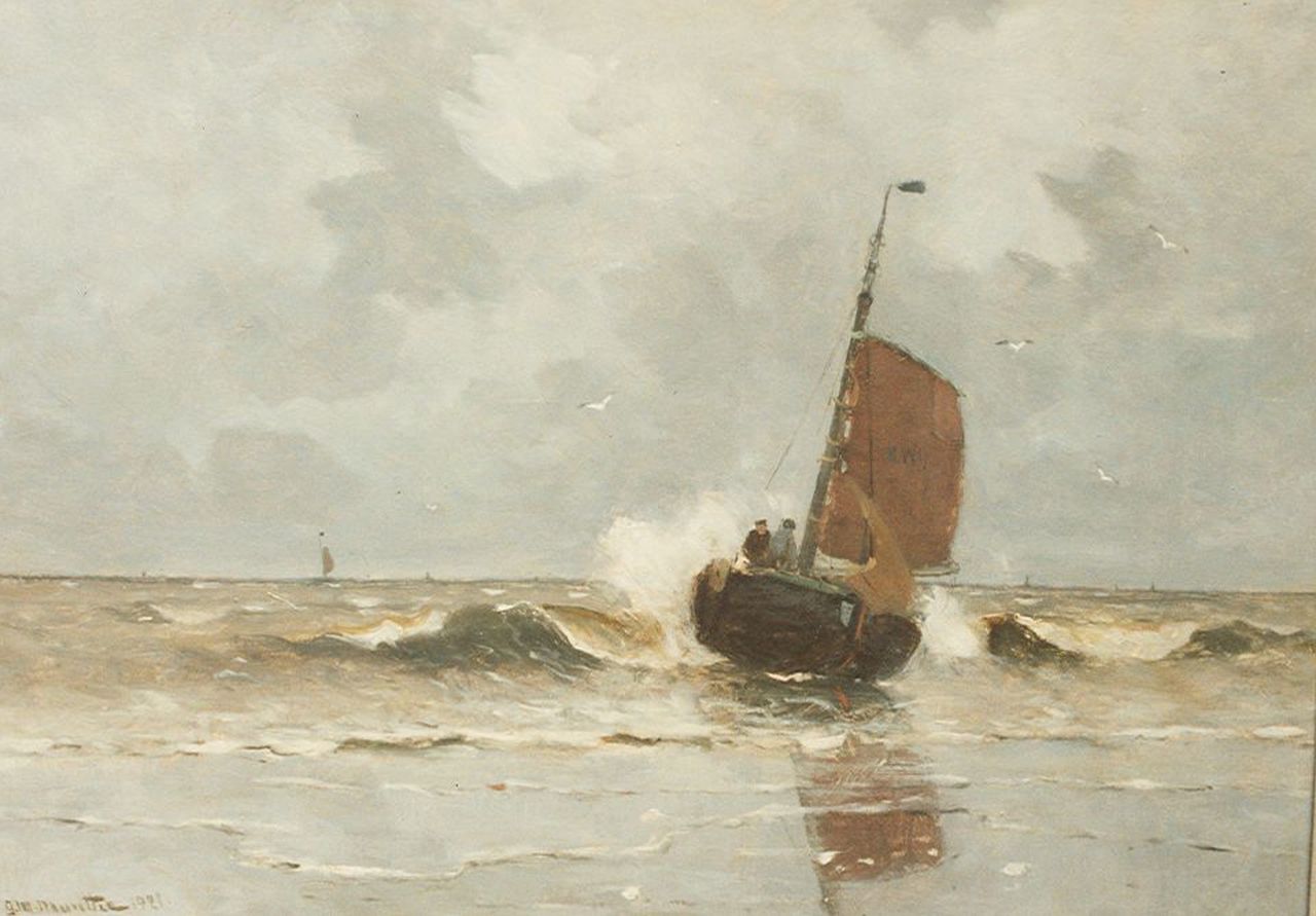 Munthe G.A.L.  | Gerhard Arij Ludwig 'Morgenstjerne' Munthe, A 'bomschuit' in the surf, oil on canvas 50.0 x 70.2 cm, signed l.l. and dated 1921