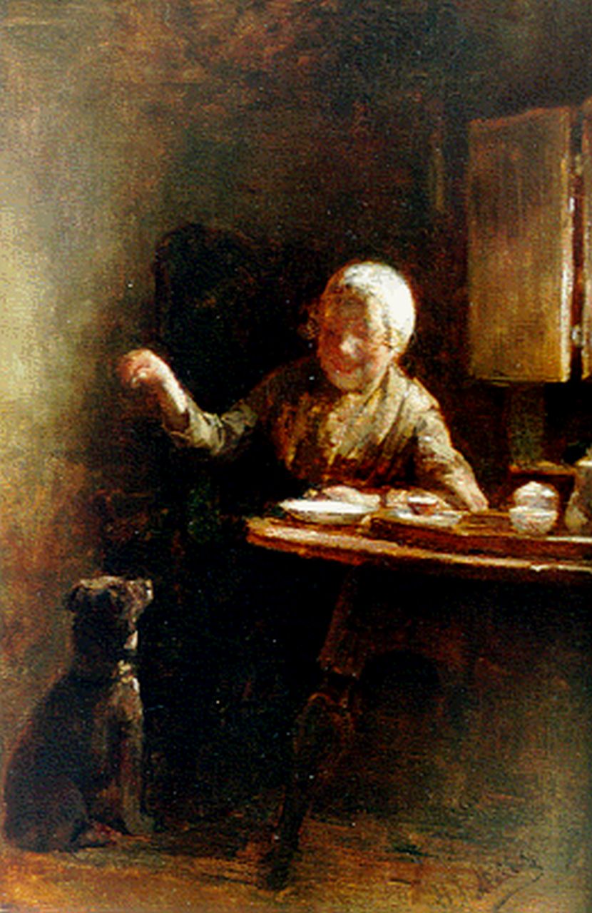 Mélis H.J.  | Henricus Joannes Mélis, Feeding the dog, oil on canvas 39.1 x 26.0 cm, signed l.r.