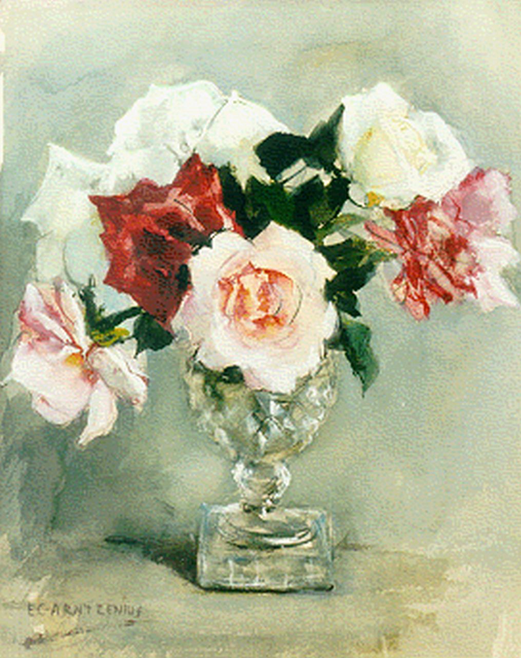 Arntzenius E.C.  | Elise Claudine Arntzenius, Roses in a crystal vase, watercolour and gouache on paper 34.0 x 26.8 cm, signed signed l.l.