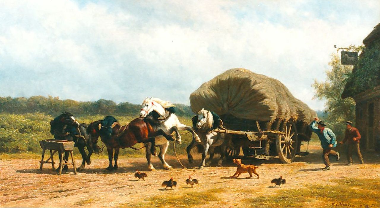 Nakken W.K.  | Willem Karel 'W.C.' Nakken, Feeding the horses, oil on canvas 45.0 x 80.0 cm, signed l.r.