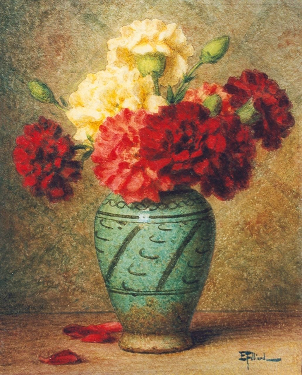 Filliard E.  | Ernest Filliard, Still life with carnations in a vase, watercolour on paper 35.7 x 28.7 cm, signed l.r.