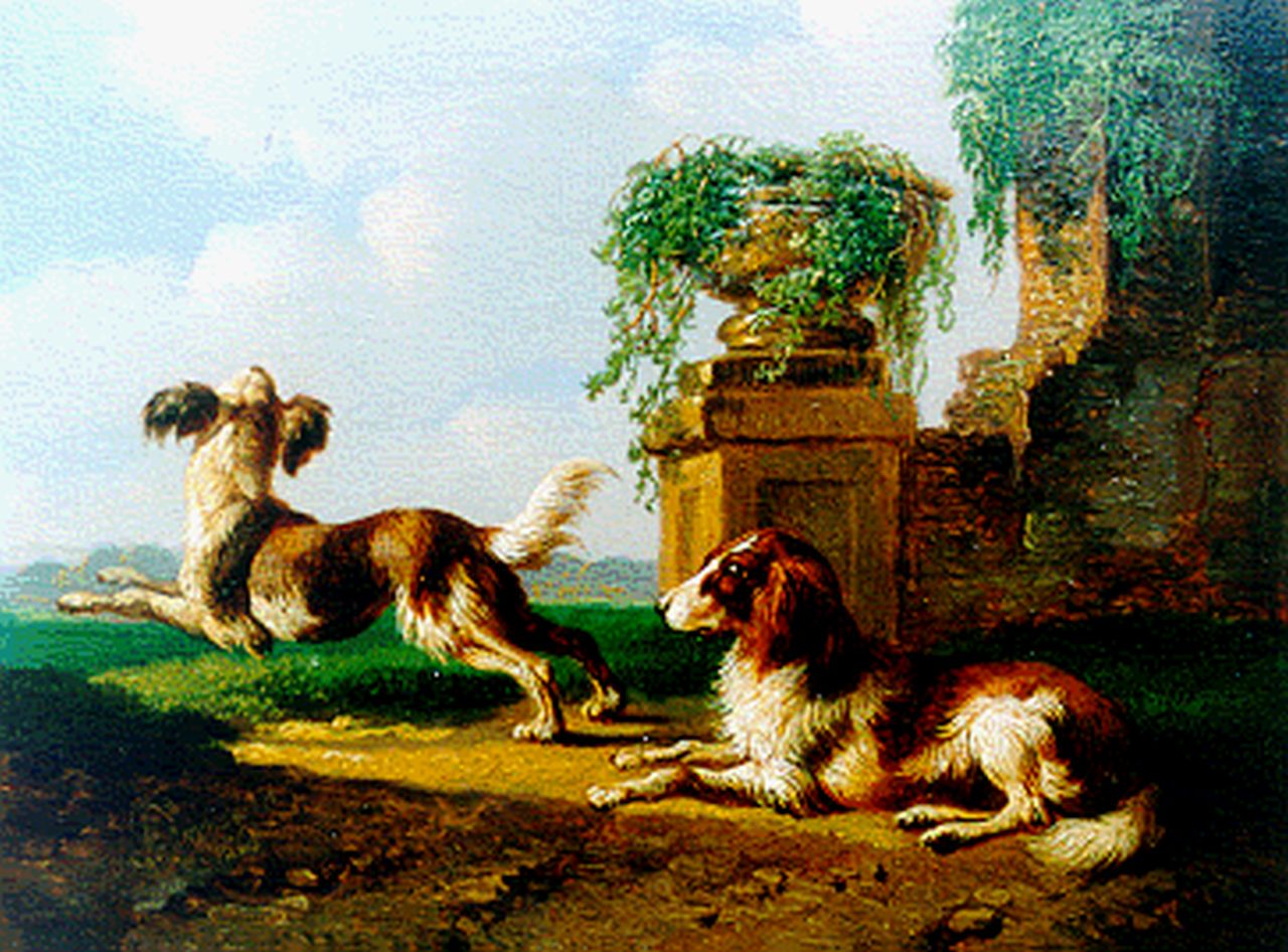 Verhoesen A.  | Albertus Verhoesen, Two dogs in a classical landscape, oil on panel 11.2 x 14.8 cm, signed l.l. and dated 1865