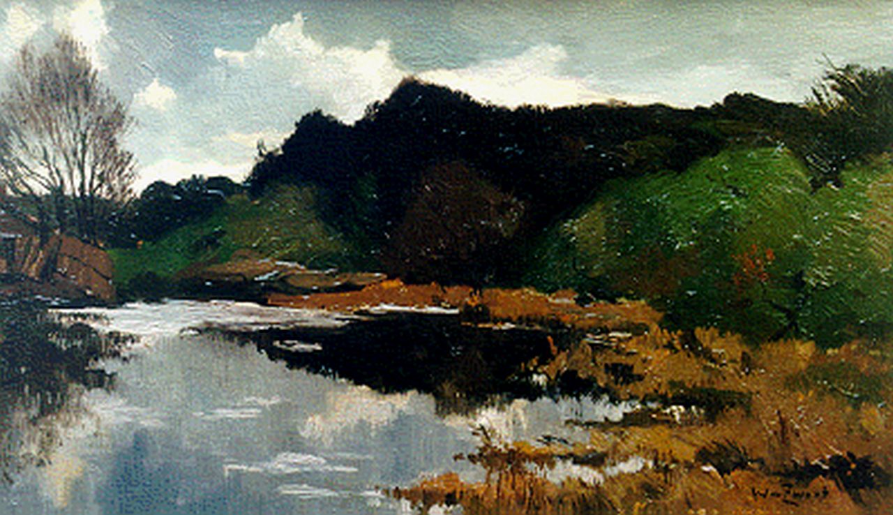 Zwart W.H.P.J. de | Wilhelmus Hendrikus Petrus Johannes 'Willem' de Zwart, A view of the heath with a pond, oil on canvas 26.5 x 44.3 cm, signed l.r.