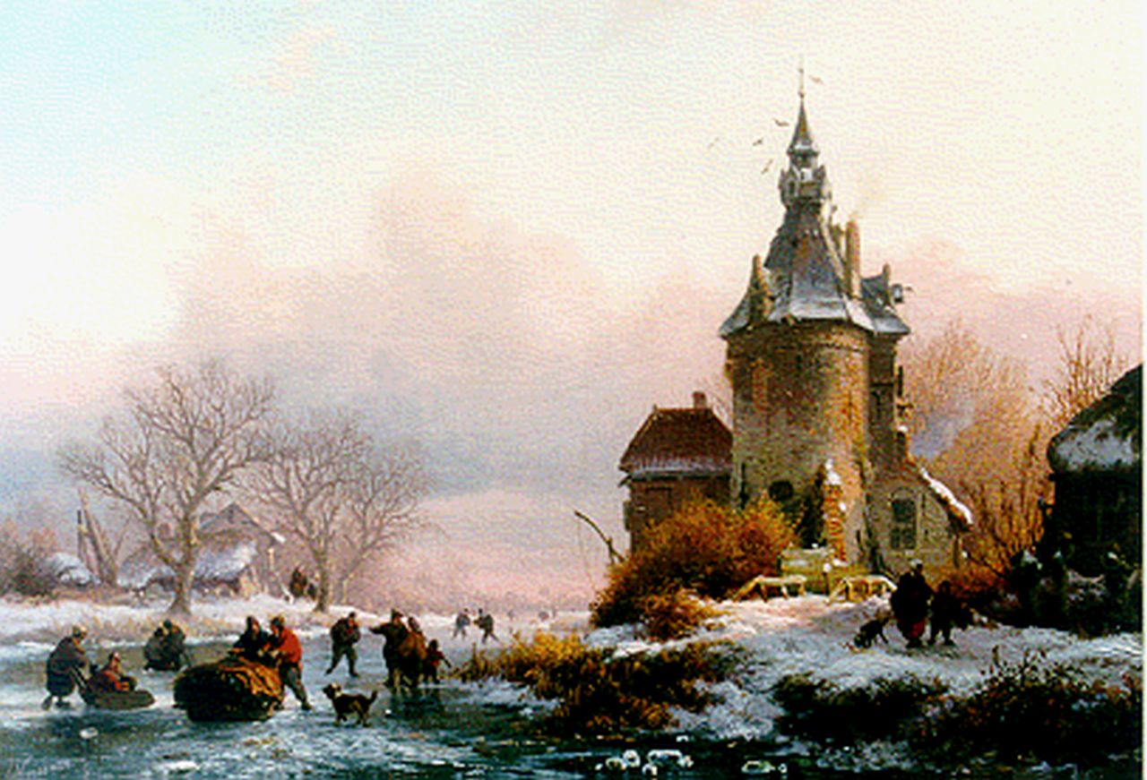 Kruseman F.M.  | Frederik Marinus Kruseman, Skaters on a frozen waterway, oil on panel 15.6 x 19.7 cm, signed l.l. and dated 1855