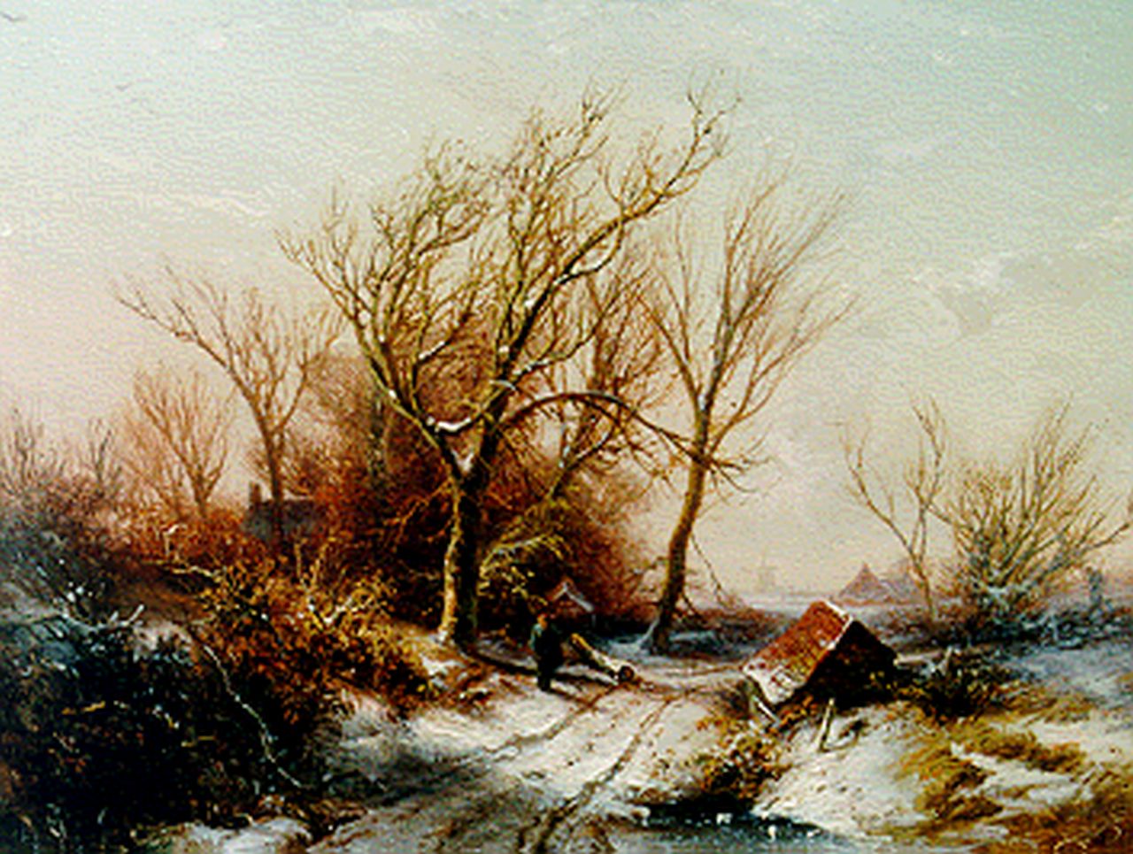 Kluyver P.L.F.  | 'Pieter' Lodewijk Francisco Kluyver, A winter landscape with a traveller on a path, oil on panel 23.3 x 30.8 cm, signed l.r.