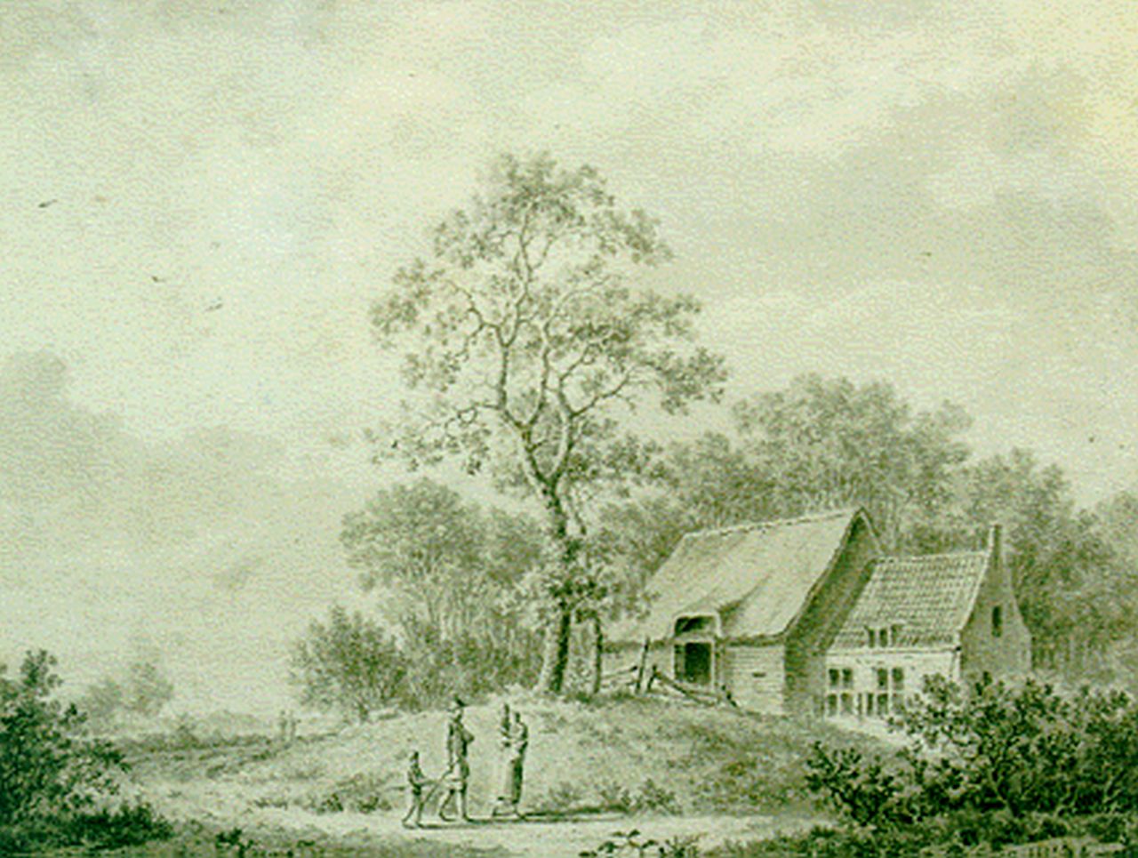 Koekkoek B.C.  | Barend Cornelis Koekkoek, Summer landscape with travellers, sepia on paper 13.6 x 17.5 cm, signed l.r.