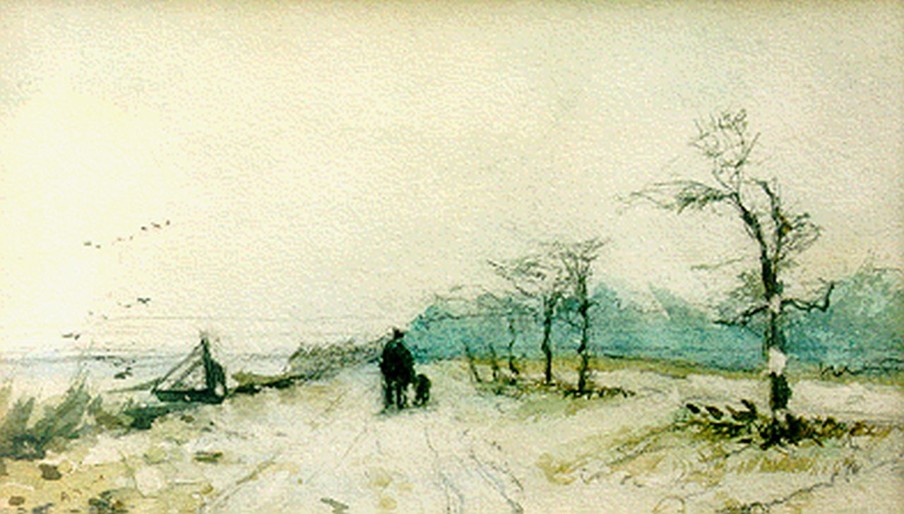 Apol L.F.H.  | Lodewijk Franciscus Hendrik 'Louis' Apol, Figures on a path in autumn, chalk and watercolour on paper 16.5 x 28.2 cm