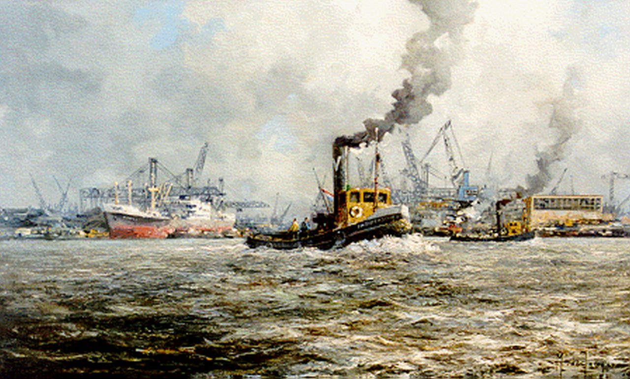 Drulman M.J.  | Marinus Johannes Drulman, Activities in the harbour of Rotterdam, oil on canvas 60.1 x 99.5 cm, signed l.r.