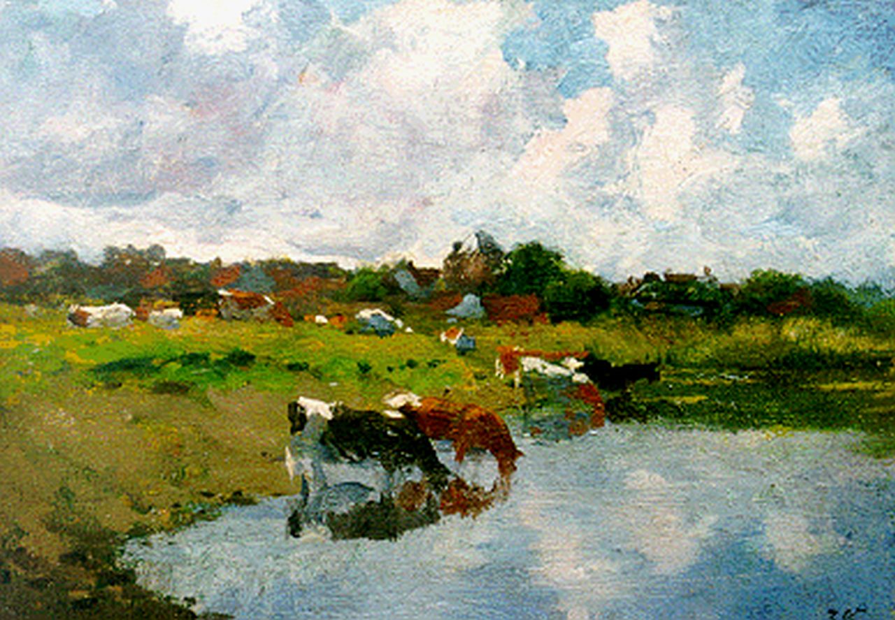 Voerman sr. J.  | Jan Voerman sr., Watering cows, oil on panel 17.7 x 25.3 cm, signed l.r. with initials