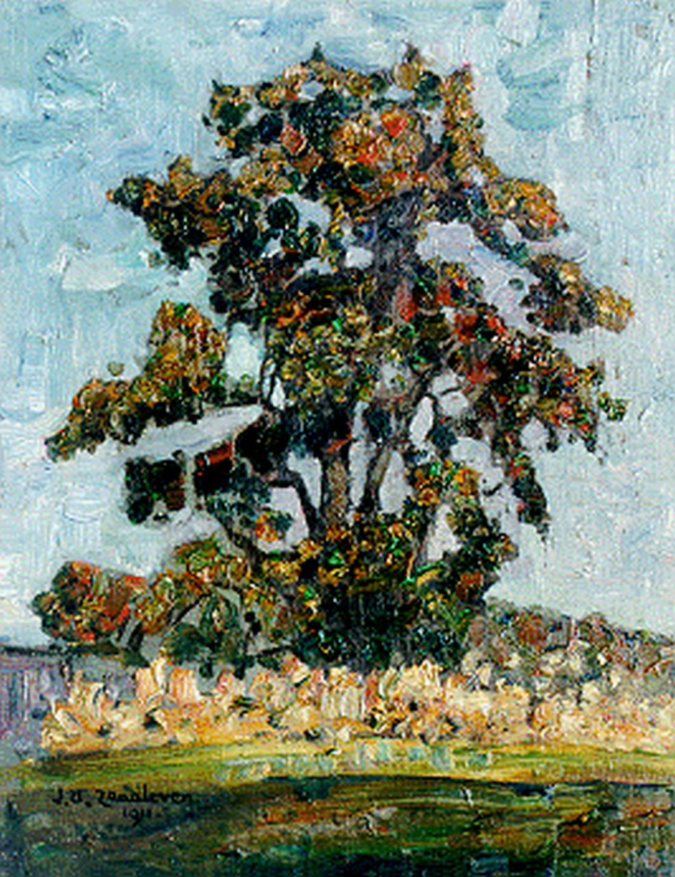 Zandleven J.A.  | Jan Adam Zandleven, A tree in a landscape, oil on canvas laid down on painter's board 41.5 x 32.5 cm, signed l.l. and dated 1911