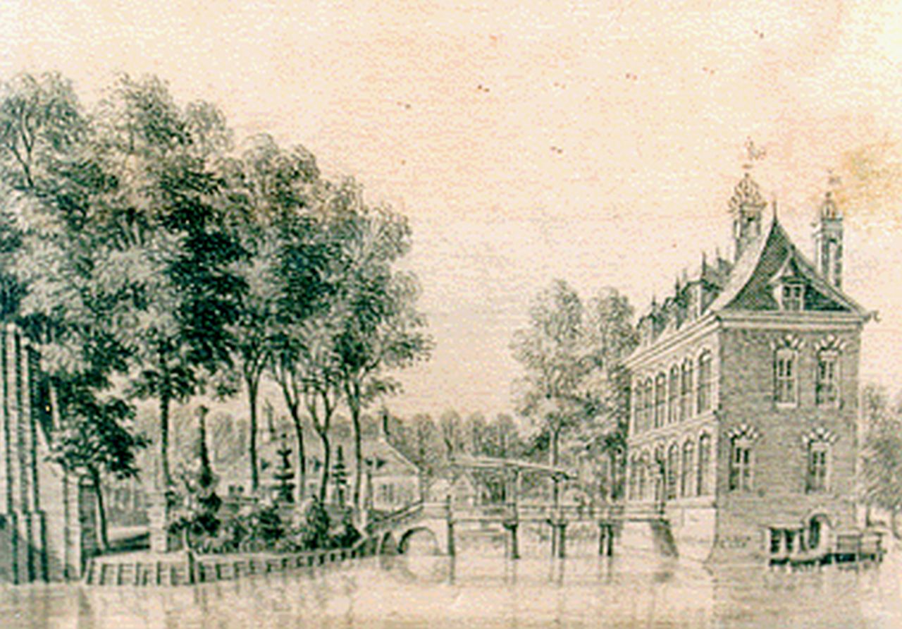 Beijer J. de | Jan de Beijer, A view of 't Huys de Vliet', watercolour on paper 6.9 x 9.9 cm, signed on the reverse
