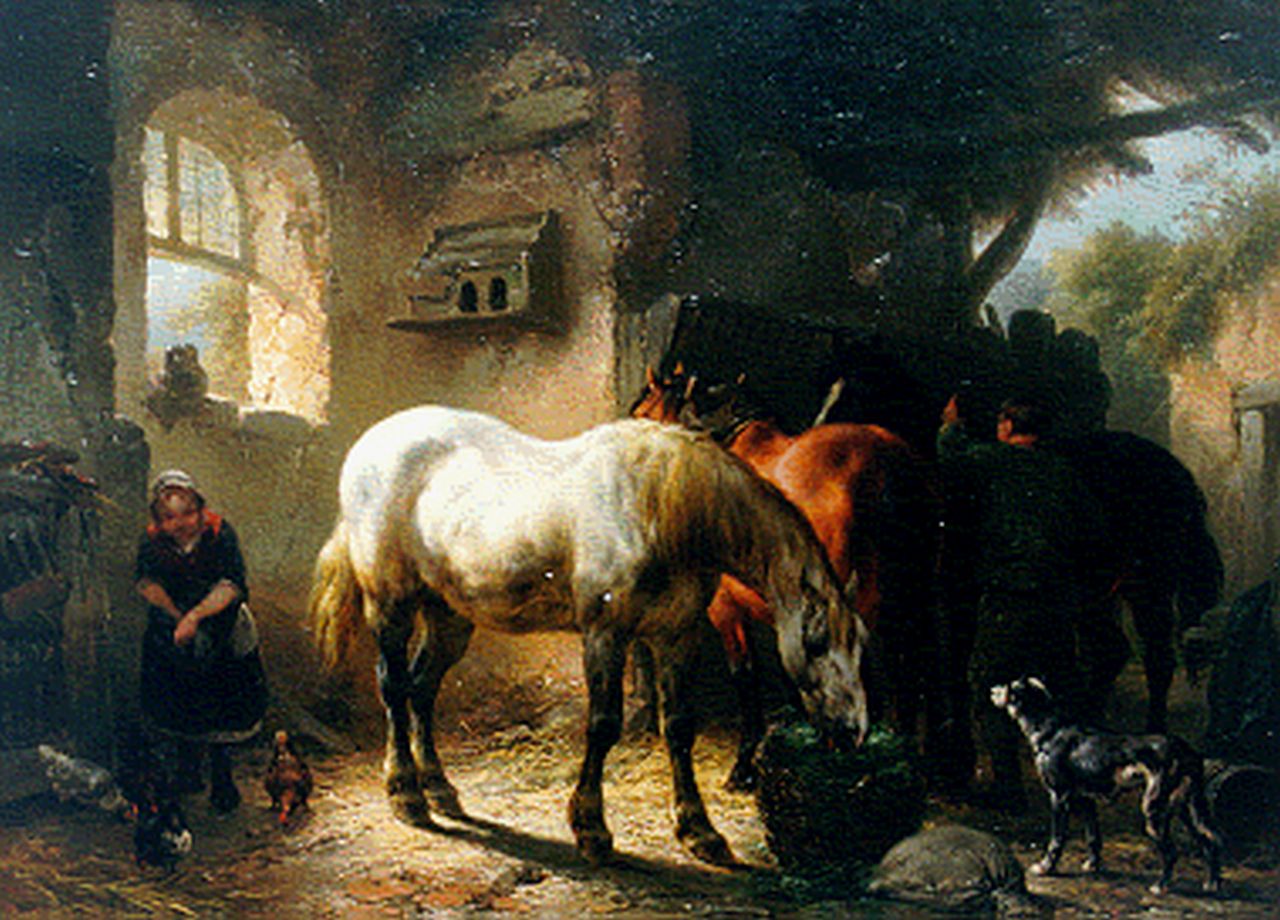 Verschuur W.  | Wouterus Verschuur, Feeding the horses, oil on panel 31.7 x 43.9 cm, signed l.l.