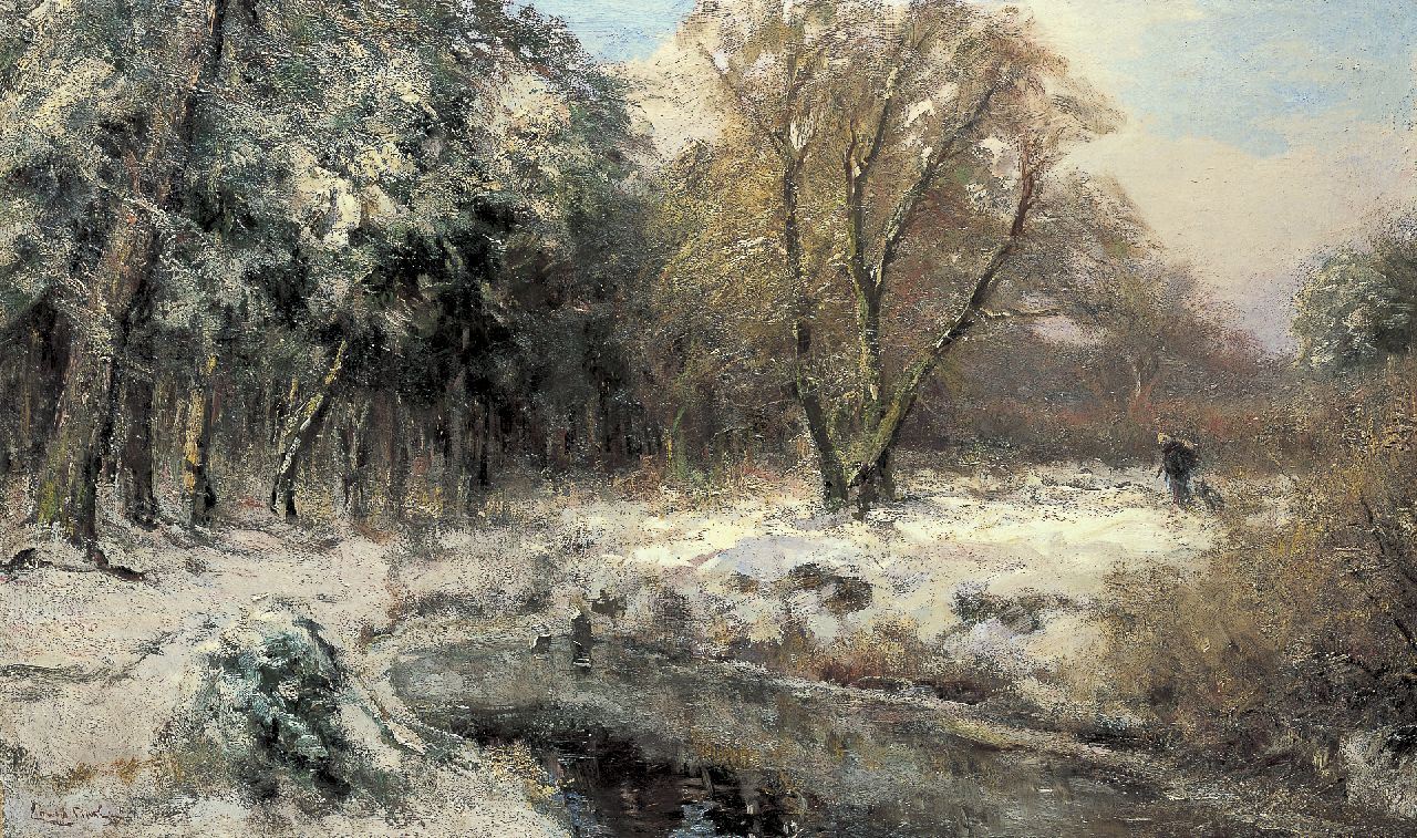 Apol L.F.H.  | Lodewijk Franciscus Hendrik 'Louis' Apol, A winter landscape with a woman gathering wood, oil on canvas 60.0 x 100.3 cm, signed l.l.