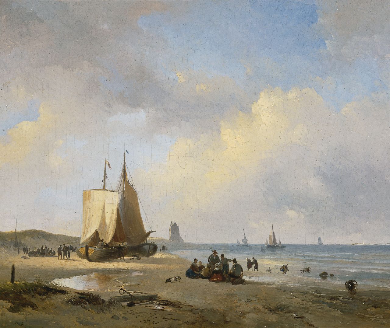 Nuijen W.J.J.  | Wijnandus Johannes Josephus 'Wijnand' Nuijen, A beach scene, Scheveningen, oil on panel 28.0 x 32.5 cm, dated 1831