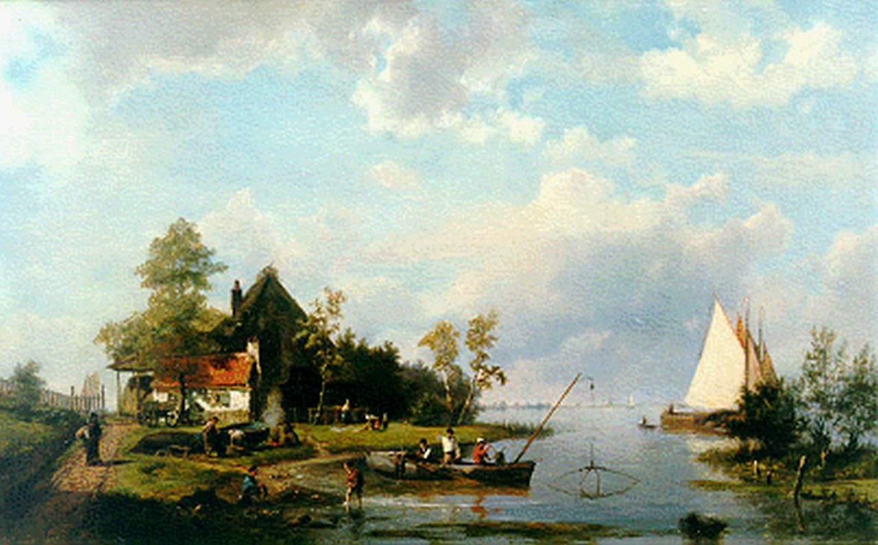 Koekkoek H.  | Hermanus Koekkoek, A river landscape with a shipyard, oil on canvas 47.4 x 74.9 cm, signed l.l.