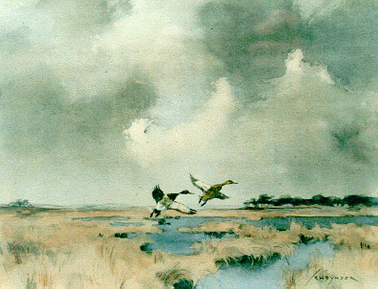Schrijnder J.A.  | Josephus Alphonus 'Jo' Schrijnder, Ducks flying up, watercolour and gouache on paper 21.0 x 27.5 cm, signed l.r.