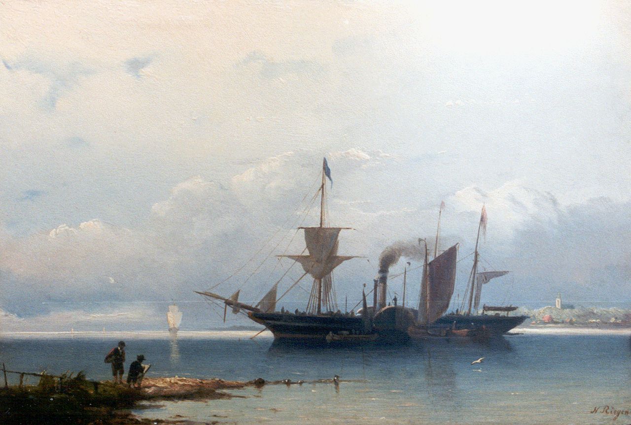 Riegen N.  | Nicolaas Riegen, Shipping at the harbour mouth, oil on panel 19.8 x 29.5 cm, signed l.r.