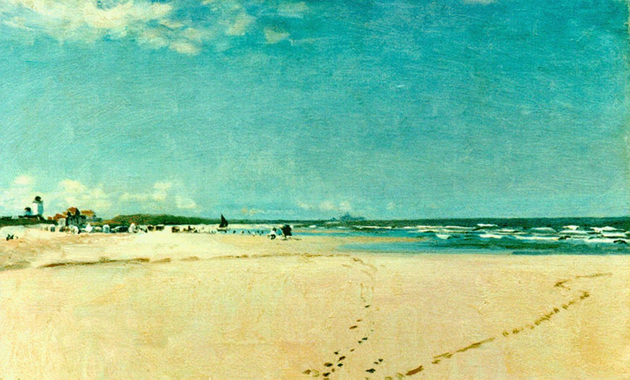 Oerder F.D.  | 'Frans' David Oerder, The beach of Katwijk, Scheveningen in the distance, oil on canvas 35.0 x 55.5 cm, signed l.l.