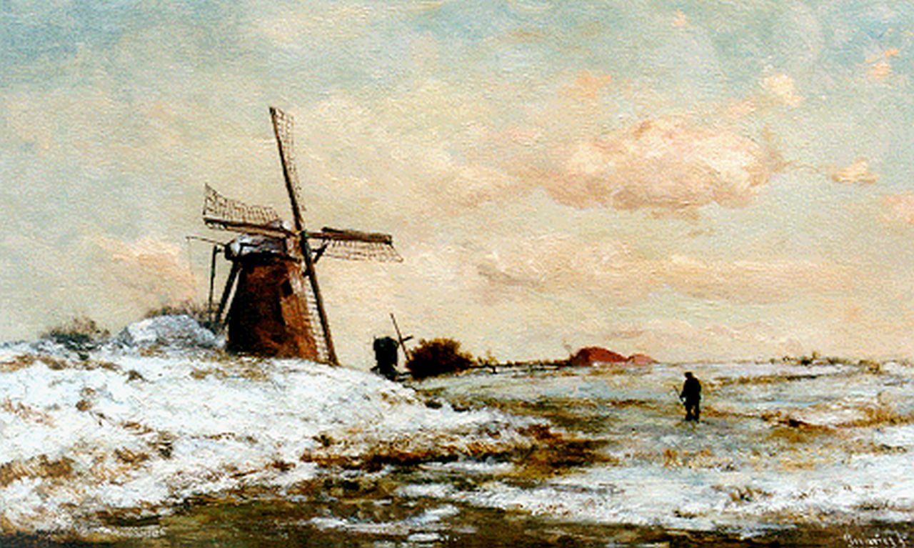 Gabriel P.J.C.  | Paul Joseph Constantin 'Constan(t)' Gabriel, A traveller in a winter landscape, oil on panel 34.2 x 56.4 cm, signed l.r. and painted circa 1886