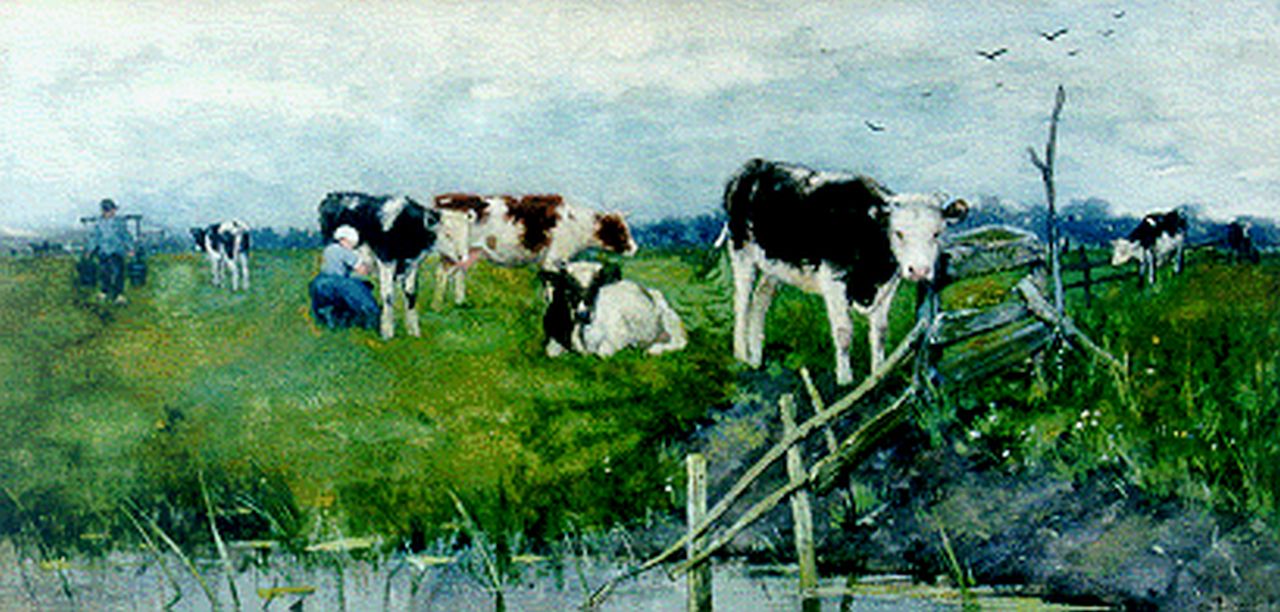 Poggenbeek G.J.H.  | George Jan Hendrik 'Geo' Poggenbeek, Milk-maid in a landscape, watercolour on paper 21.6 x 44.3 cm, signed l.r.