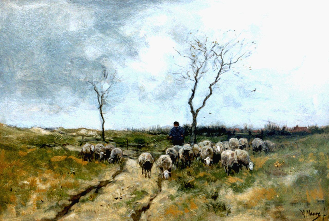Mauve A.  | Anthonij 'Anton' Mauve, A shepherd and flock on the heath, Laren, oil on canvas 42.9 x 63.8 cm, signed l.r.