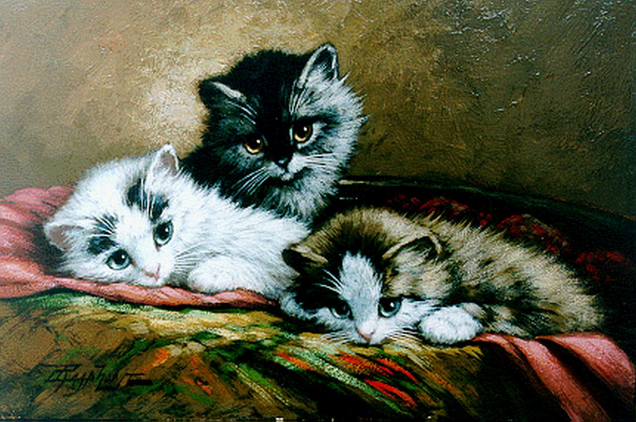 Raaphorst C.  | Cornelis Raaphorst, Three Kittens, oil on canvas laid down on panel 18.9 x 27.9 cm, signed l.l.