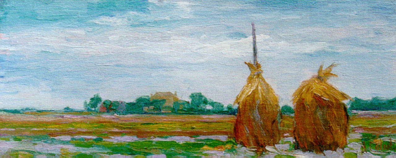 Colnot A.J.G.  | 'Arnout' Jacobus Gustaaf Colnot, Hay-stacks in a summer landscape, oil on canvas laid down on panel 16.7 x 41.1 cm, signed l.r.