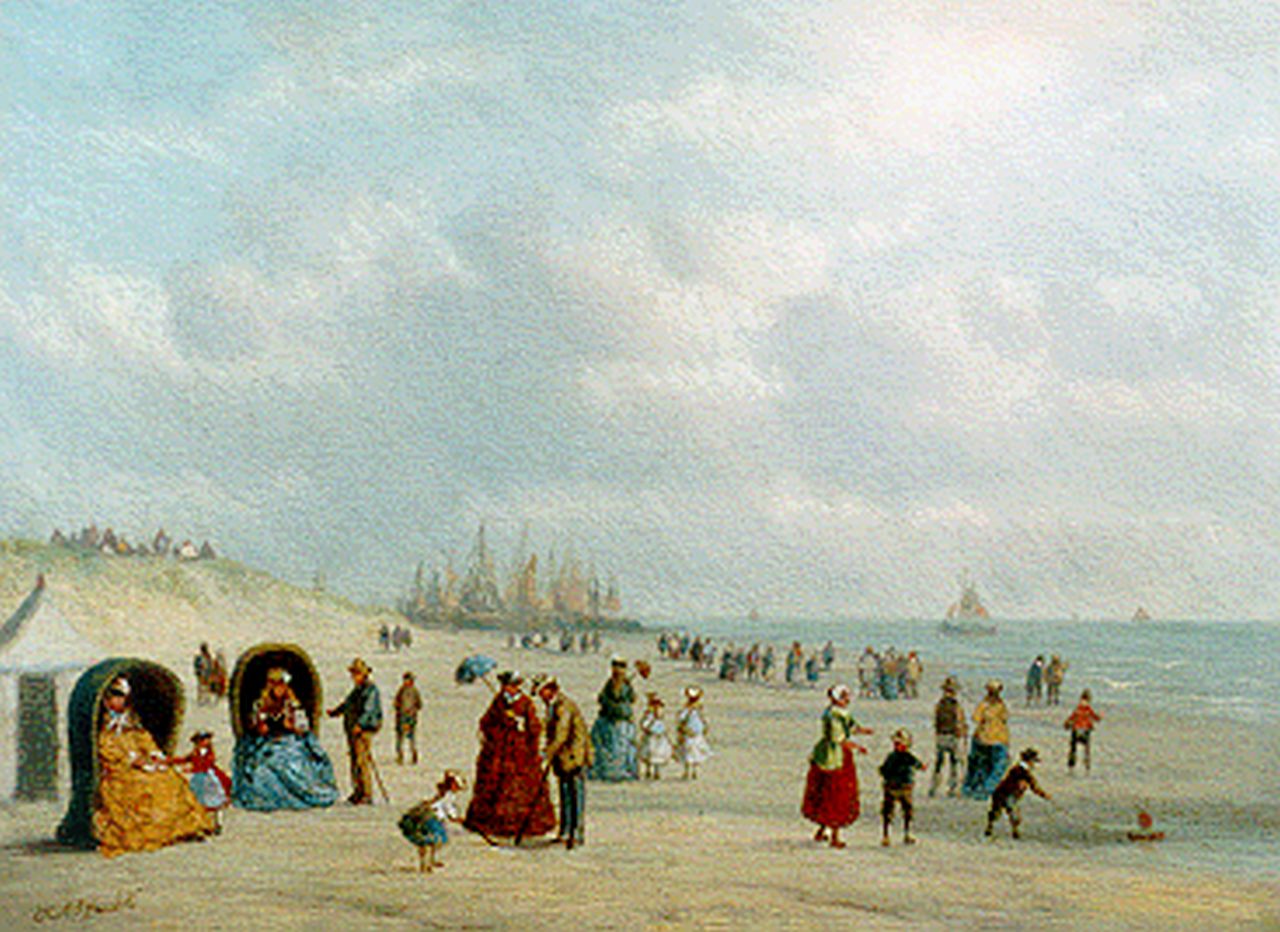 Ahrendts C.E.  | Carl Eduard Ahrendts, Elegant company on the beach, oil on panel 16.8 x 22.5 cm, signed l.l.