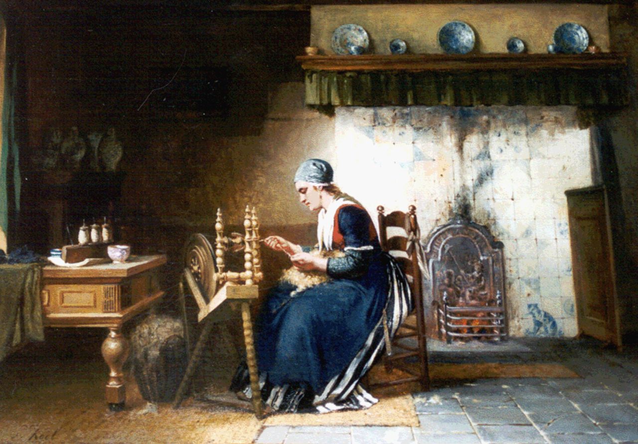 Kool S.C.  | Sipke 'Cornelis' Kool, At the spinning wheel, oil on canvas 58.8 x 82.4 cm, signed l.l.