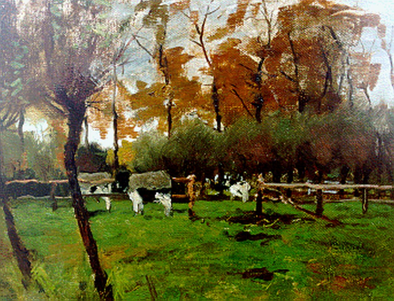 Poggenbeek G.J.H.  | George Jan Hendrik 'Geo' Poggenbeek, Cows by a fence, oil on canvas laid down on panel 24.4 x 32.4 cm