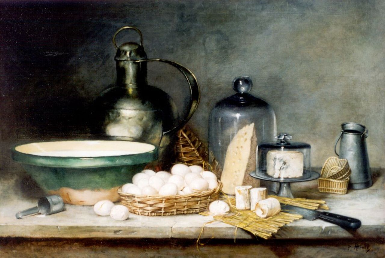 Attendu A.F.  | Antoine Ferdinand Attendu, A still life with a pewter jug, oil on canvas 85.4 x 120.2 cm, signed l.r.