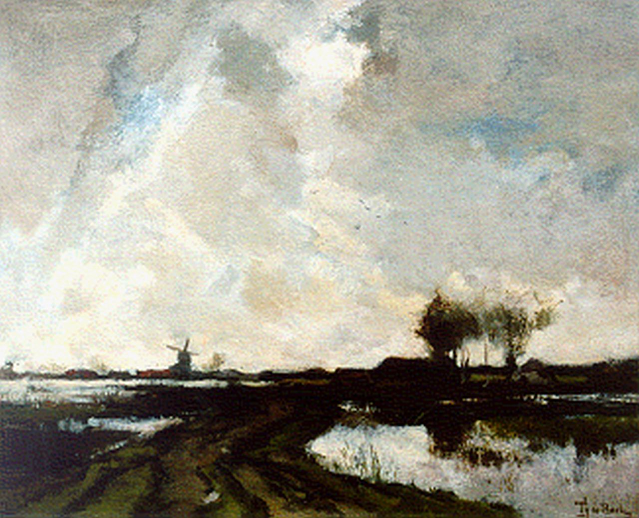 Bock T.E.A. de | Théophile Emile Achille de Bock, A polder landscape, oil on canvas 37.0 x 45.7 cm, signed l.r.