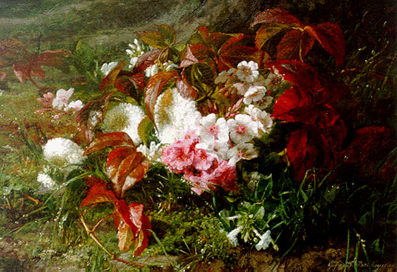 Sande Bakhuyzen G.J. van de | 'Gerardine' Jacoba van de Sande Bakhuyzen, Flowers on a forest-path, oil on canvas 34.4 x 47.2 cm, signed l.r.