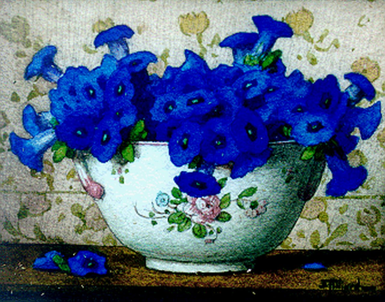 Filliard E.  | Ernest Filliard, Gentians in a bowl, watercolour on paper 13.8 x 16.8 cm, signed l.r.