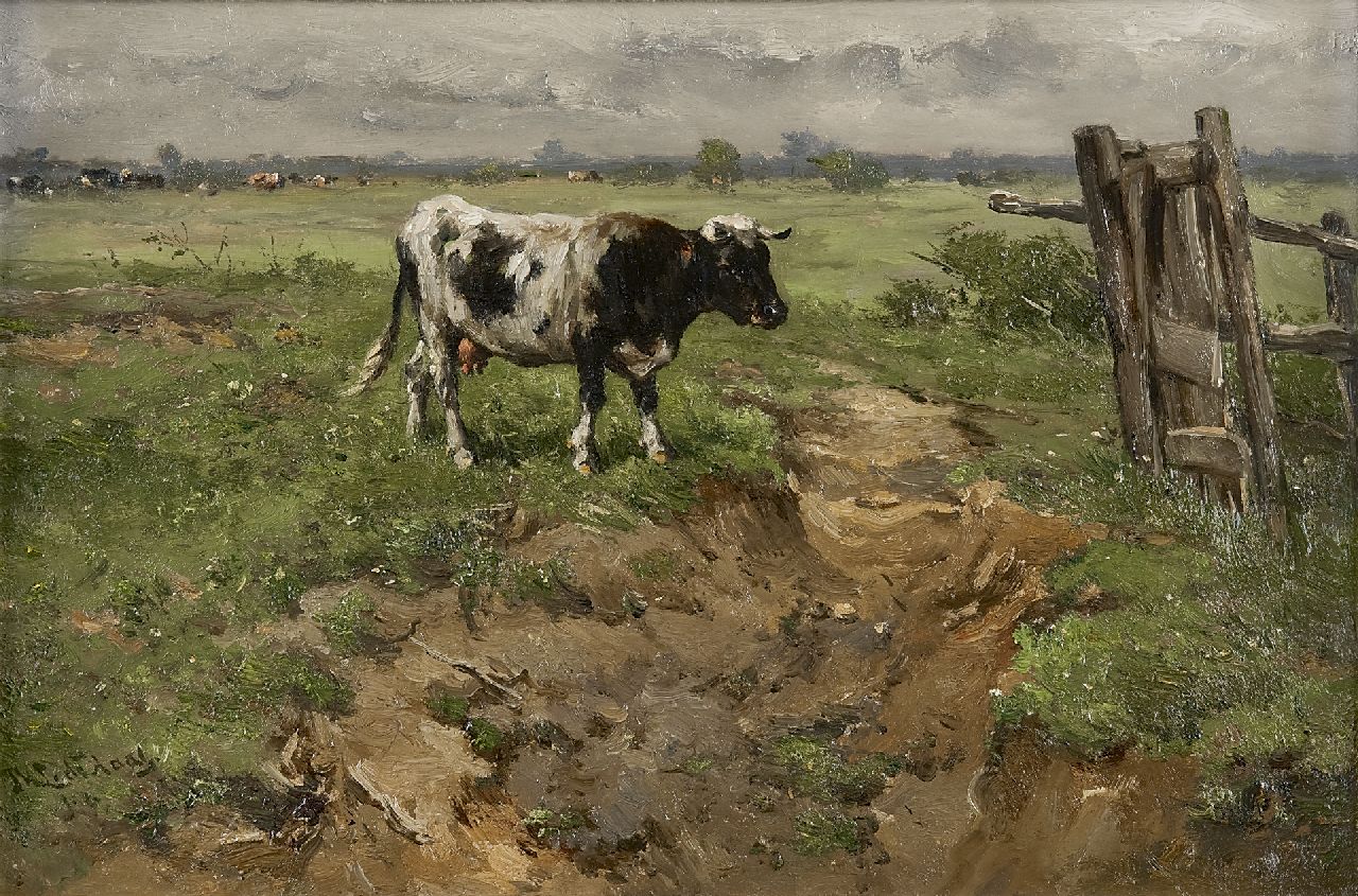 Haas J.H.L. de | Johannes Hubertus Leonardus de Haas, Cows near a fence, oil on panel 31.2 x 47.1 cm, signed l.l.