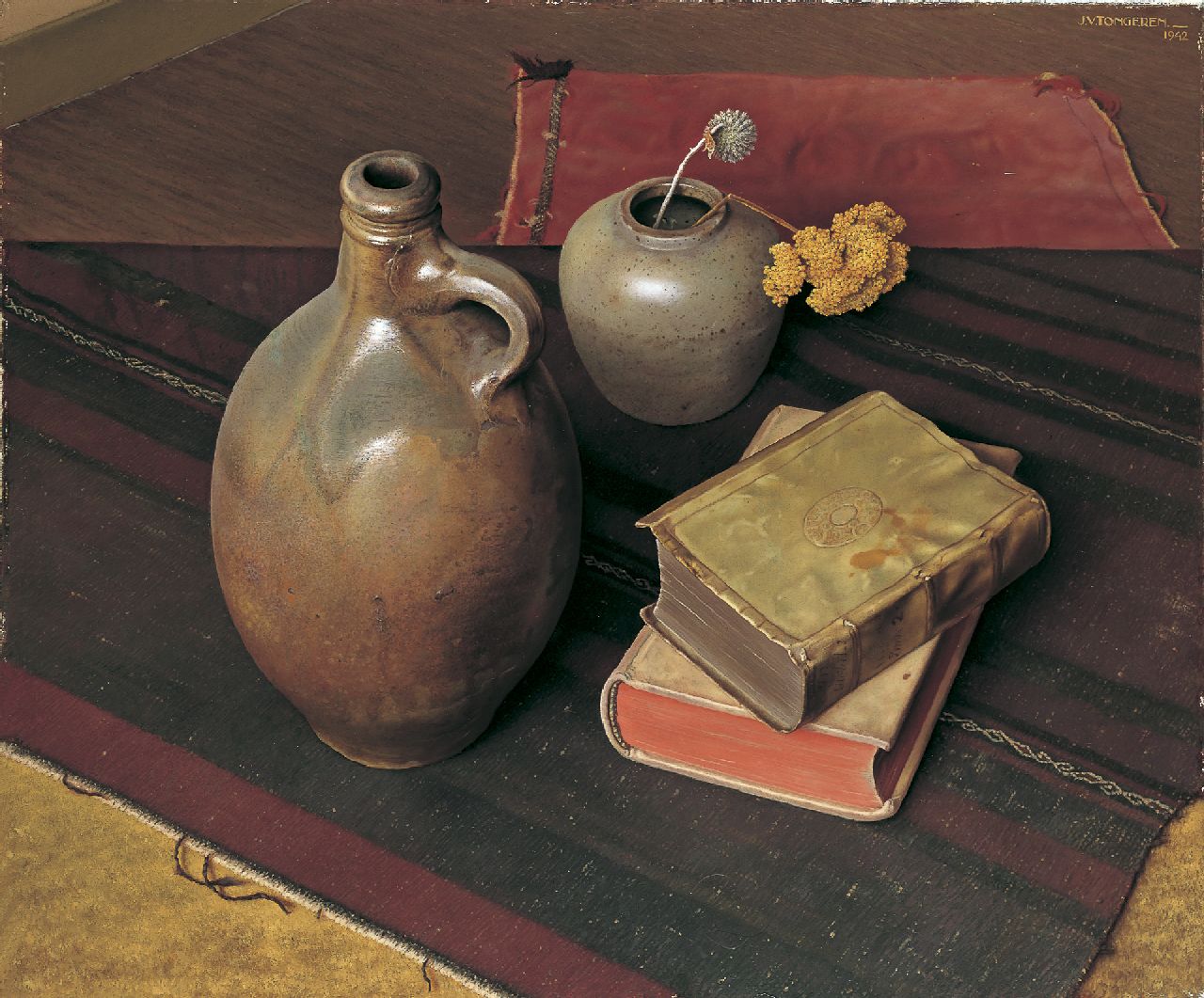 Tongeren J. van | Jan van Tongeren, A still life with books, a jug and a vase, oil on canvas 50.4 x 60.0 cm, signed u.r. and dated 1942