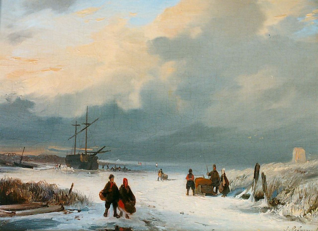 Pelgrom J.  | Jacobus Pelgrom, Figures on the ice, oil on panel 14.6 x 19.5 cm, signed l.r.