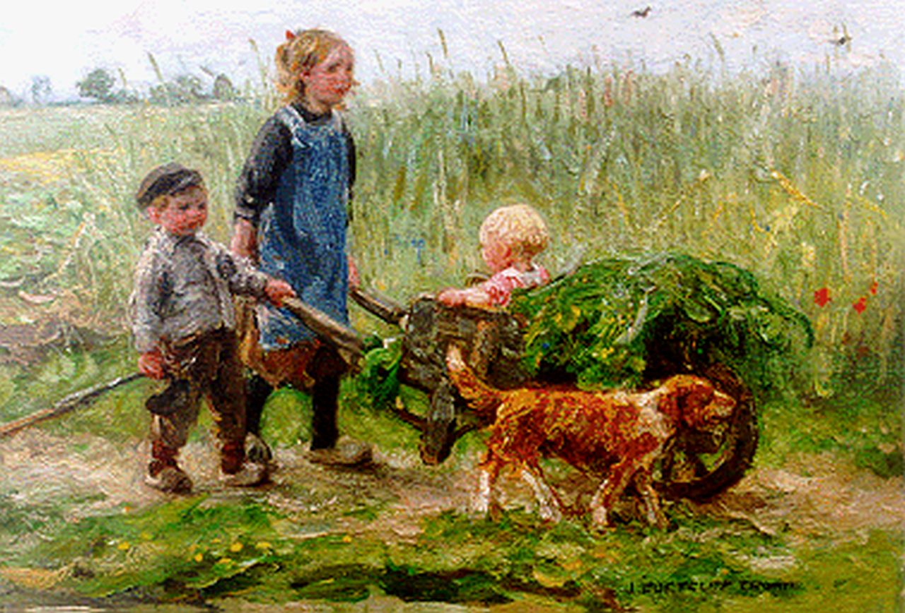 Zoetelief Tromp J.  | Johannes 'Jan' Zoetelief Tromp, Children and a dog in a field, oil on panel 23.7 x 34.0 cm, signed l.r.