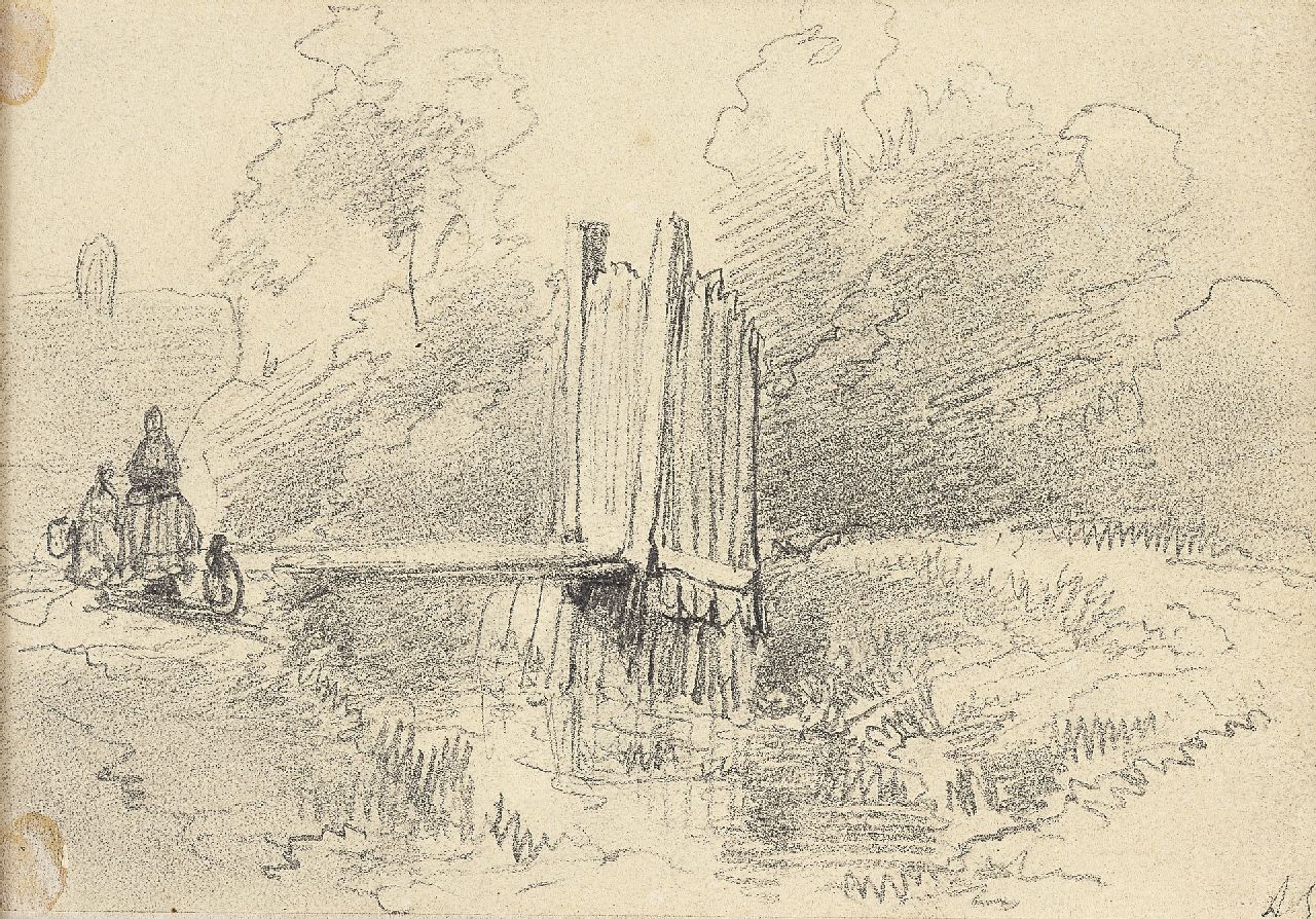 Schelfhout A.  | Andreas Schelfhout, Figures by a pond, pencil and chalk on paper 11.3 x 16.2 cm, signed with initials and gifted to the Kunsthal
