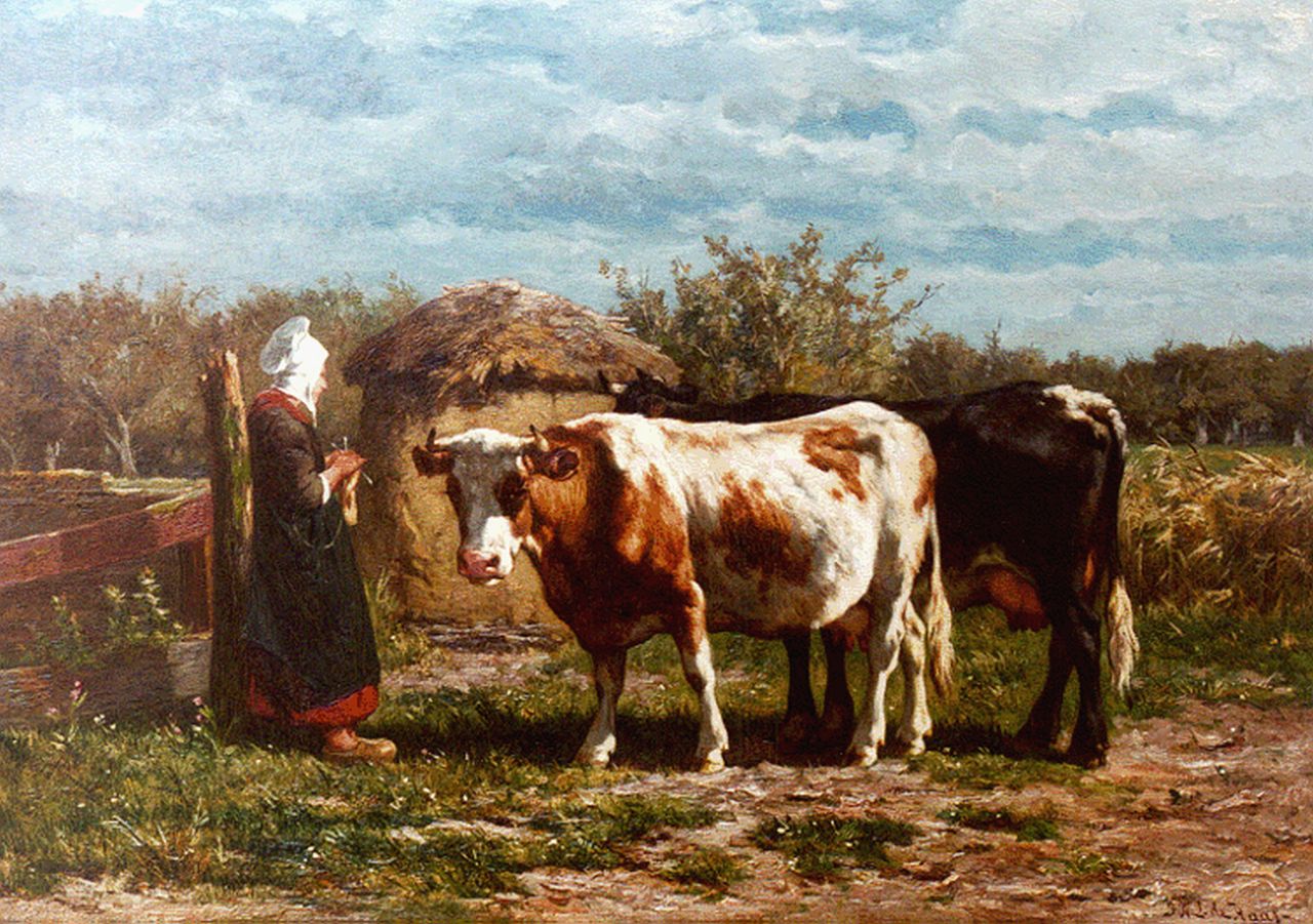 Haas J.H.L. de | Johannes Hubertus Leonardus de Haas, A Farmer's Wife in a Meadow, oil on panel 44.7 x 63.0 cm, signed l.r.
