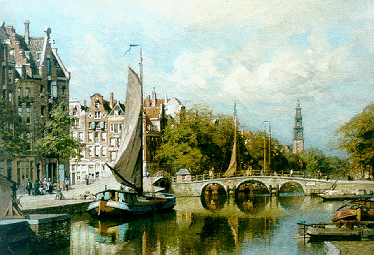 Klinkenberg J.C.K.  | Johannes Christiaan Karel Klinkenberg, Moored boats in a canal, Amsterdam, oil on canvas 39.0 x 53.2 cm, signed l.r.