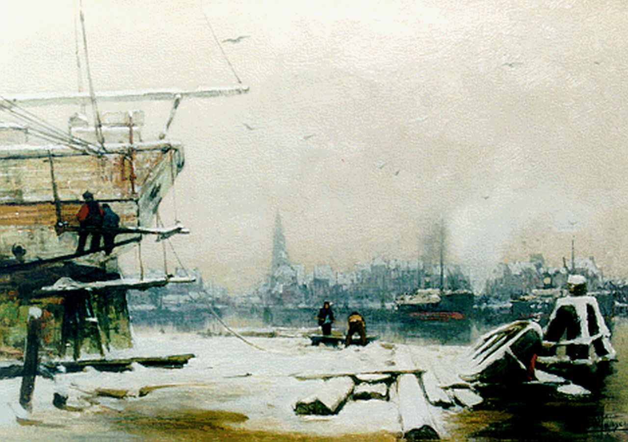 Jansen H.W.  | Hendrik Willebrord Jansen, The harbour of Amsterdam in winter, oil on canvas 41.6 x 57.4 cm, signed l.r.