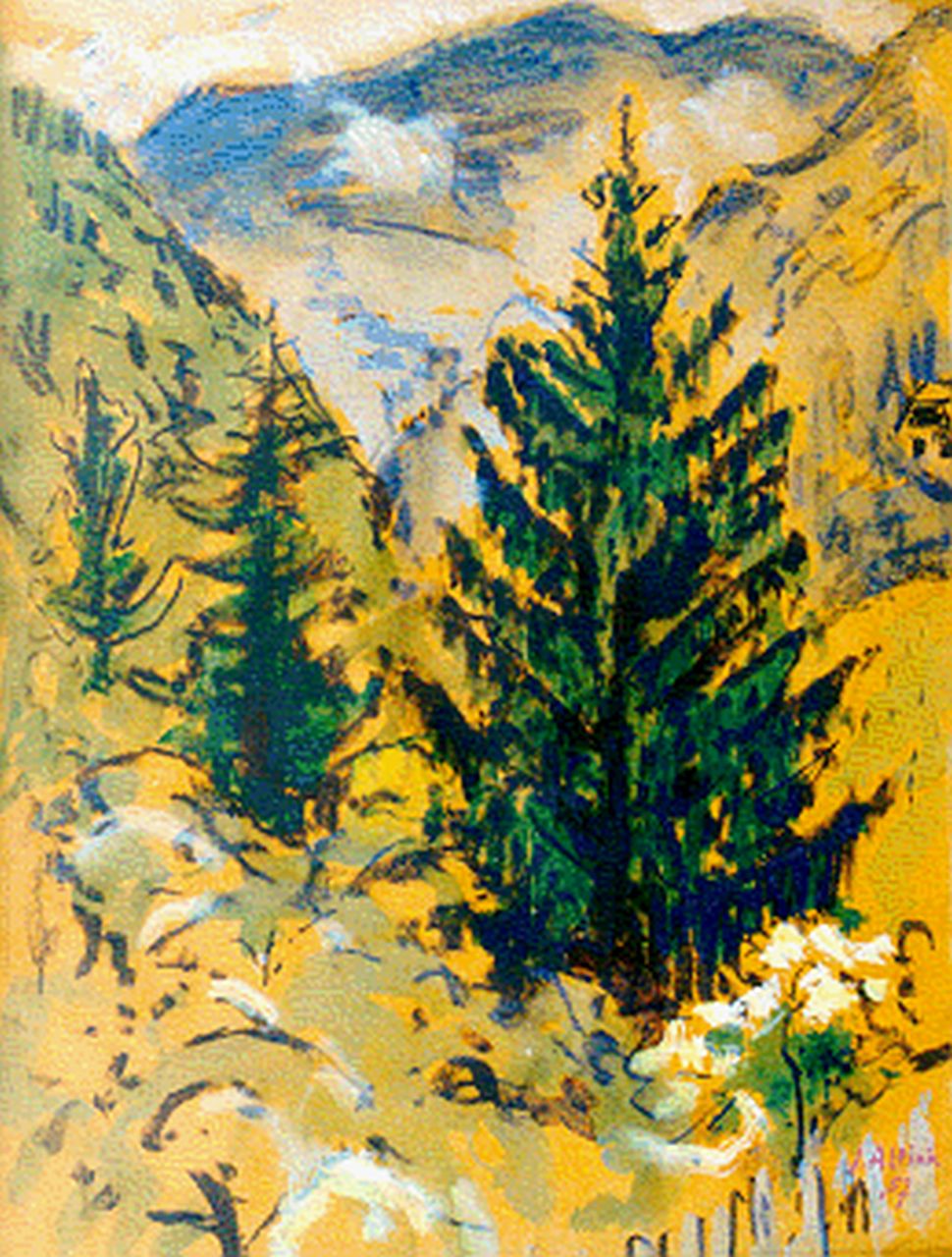 Altink J.  | Jan Altink, Mountain landscape, gouache, watercolour and chalk on paper 64.0 x 49.9 cm, signed l.r. and dated '57