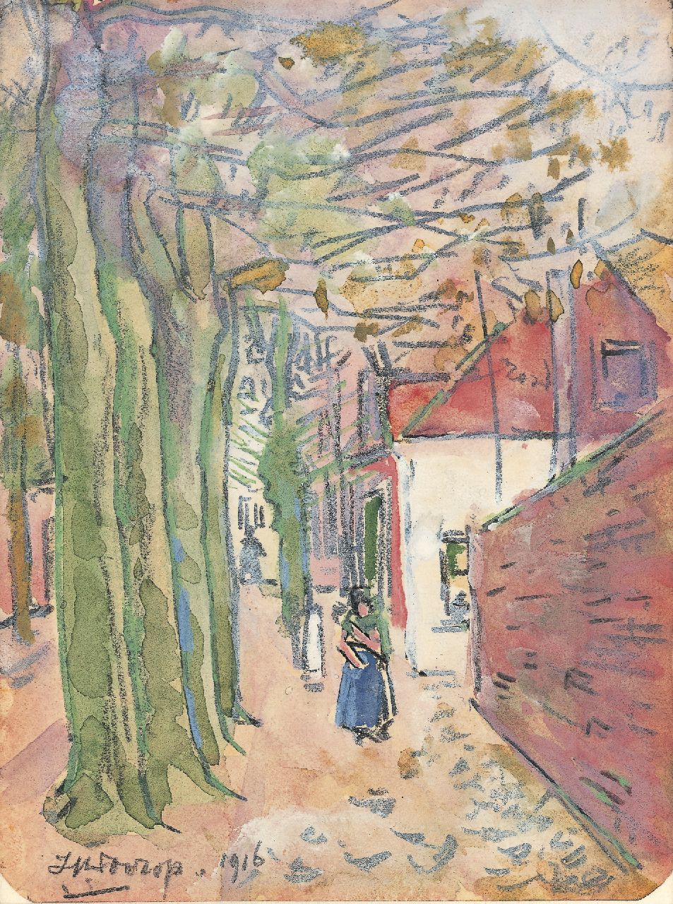 Toorop J.Th.  | Johannes Theodorus 'Jan' Toorop, The Noordstraat, Domburg, black chalk and watercolour on paper 15.8 x 11.3 cm, signed l.l. and dated 1916