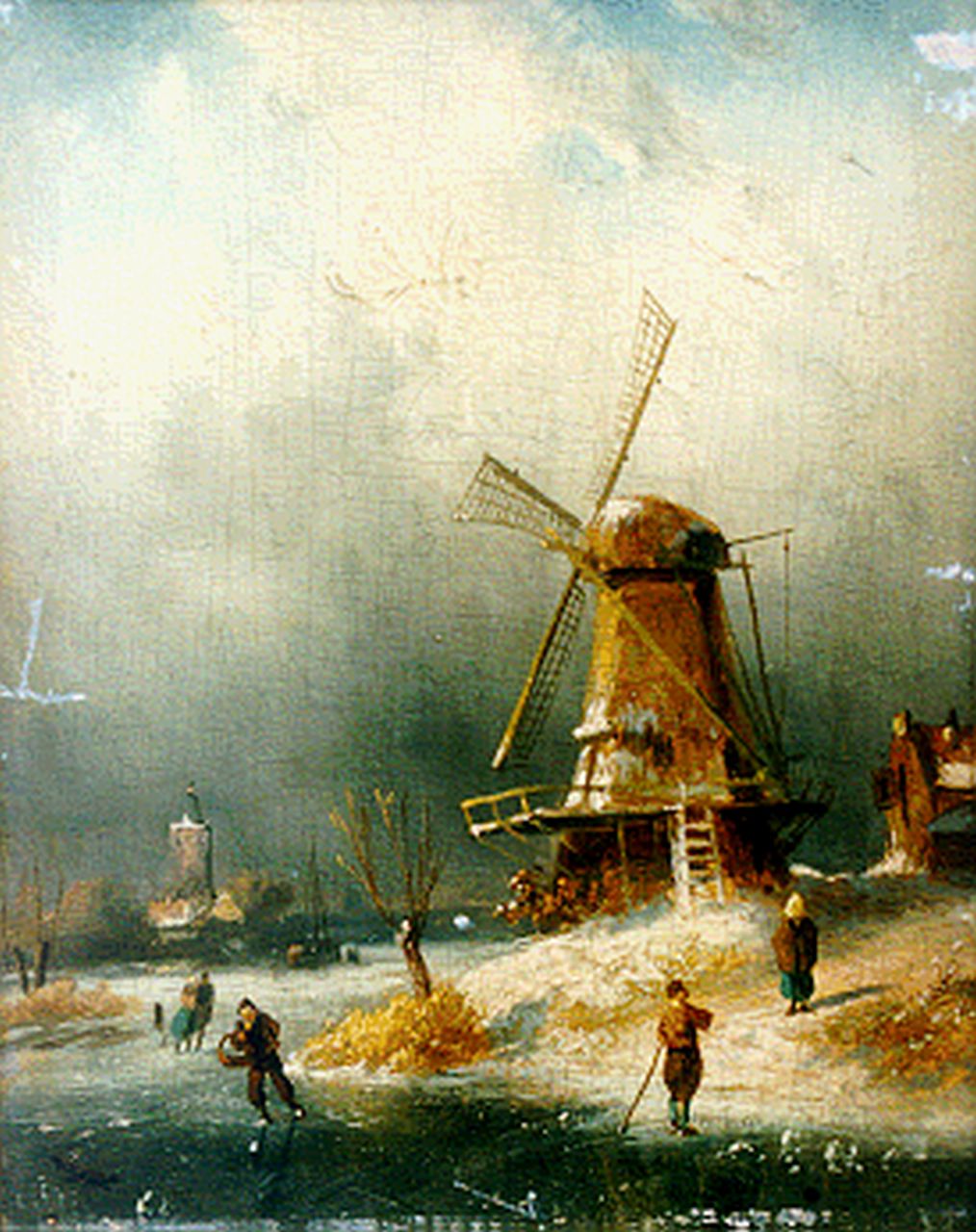 Leickert C.H.J.  | 'Charles' Henri Joseph Leickert, Skaters on the ice by a windmill, oil on panel 21.2 x 15.7 cm, signed l.r.