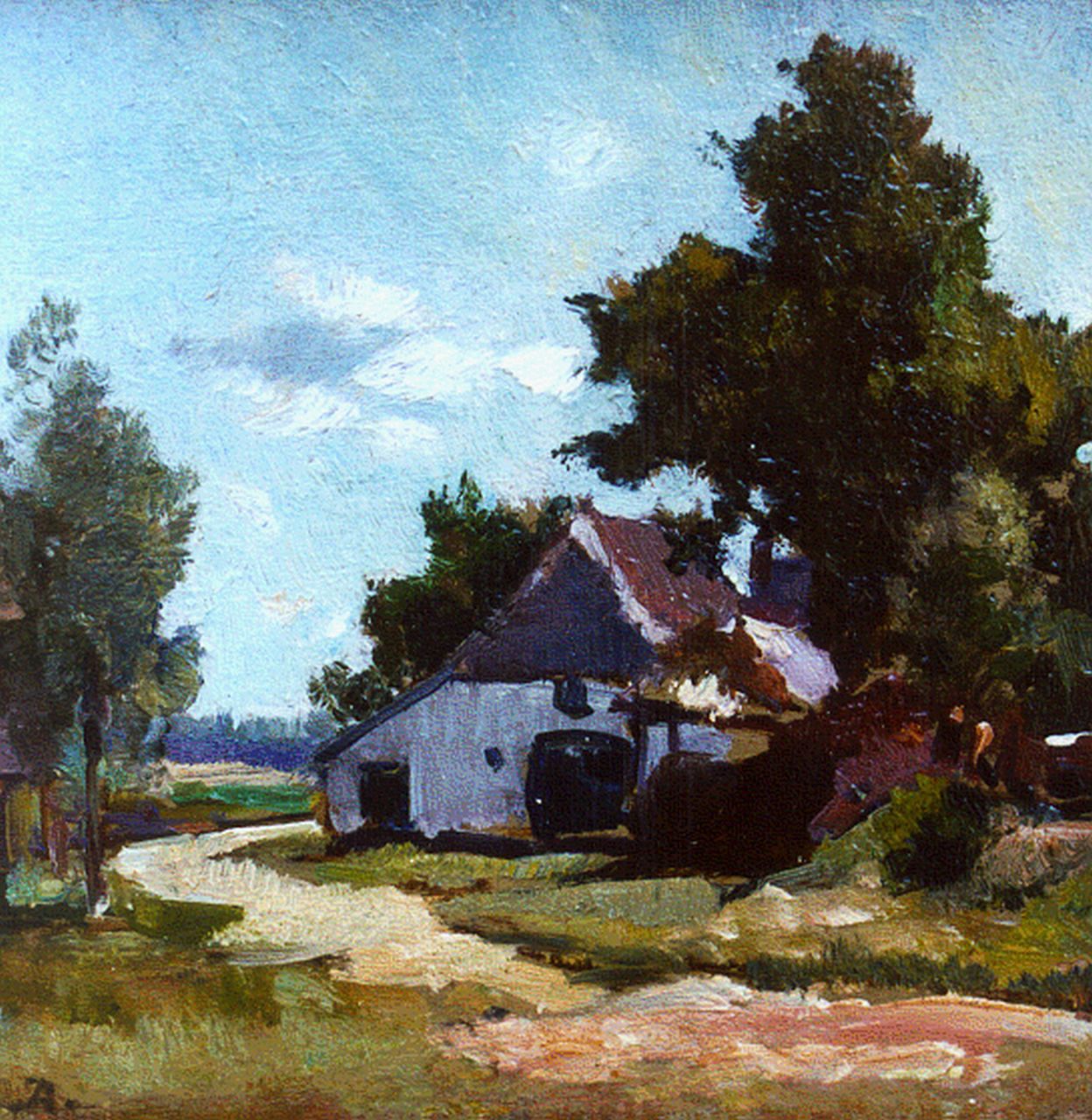 Akkeringa J.E.H.  | 'Johannes Evert' Hendrik Akkeringa, A farm in a summer landscape, oil on panel 12.1 x 12.3 cm, signed l.l. with monogram